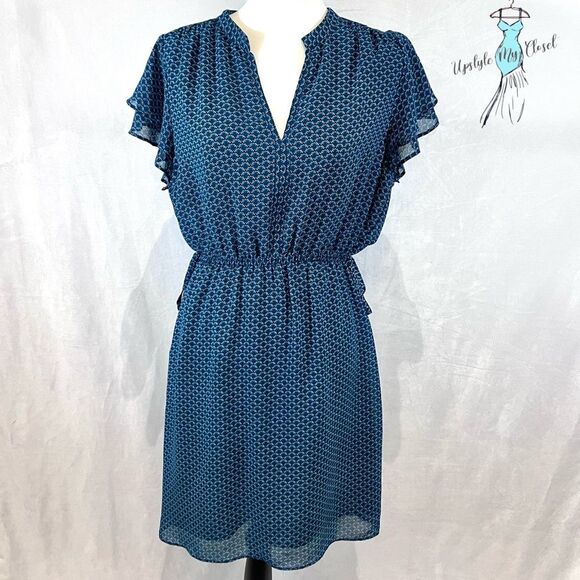 H&M deep turquoise blue patterned flutter sleeve tie sides dress size large - Picture 1 of 7
